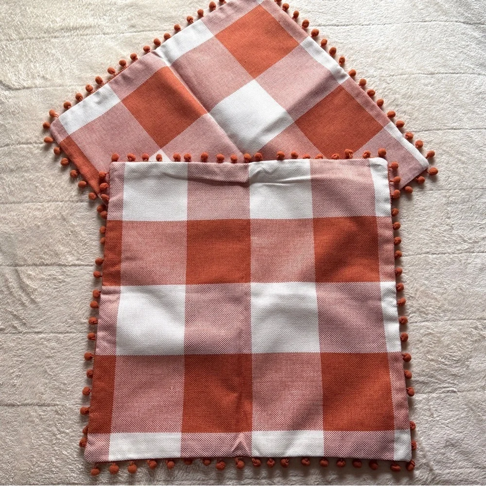 Fall Pillow Covers - Set of 2 Buffalo Orange and White Plaid, Pumpkin, Pom Poms